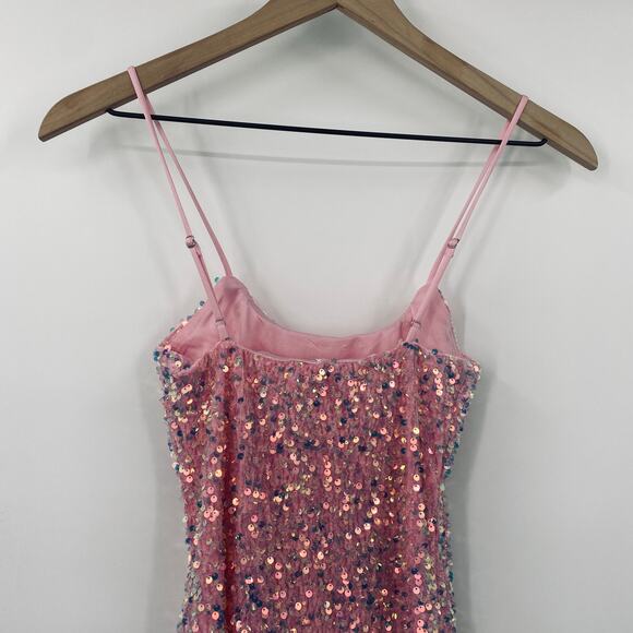 Lucy in the Sky Sequin Velvet Bodycon Mini Dress Iridescent Pink Womens XS - Picture 3 of 7
